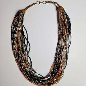 Vintage Multi-Strand Iridescent Earth Tone Glass Bugle Bead Torsade Necklace